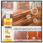 A bottle of Beeswax Essential Oil Wax is shown in front of a polished hardwood floor with text reading BEEWAX ESSENTIAL OIL WAX and a before after comparison of the floor finish The bottle is yellow with a white spray top and label