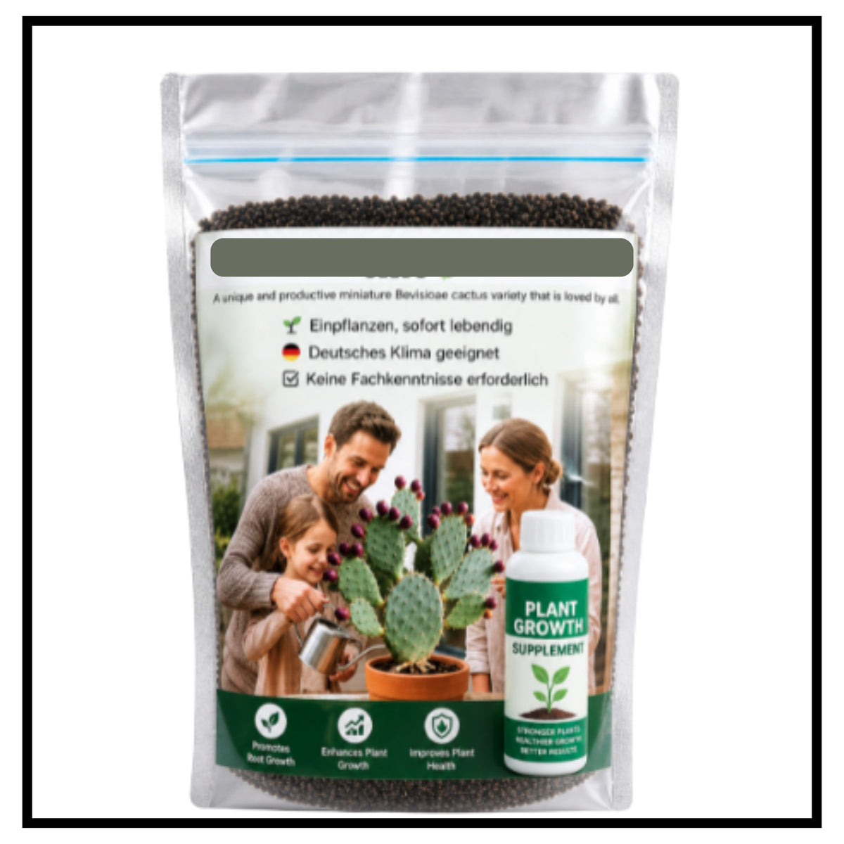 Cactus fruit seeds pack with plant growth supplement bottle and family growing cactus in pot