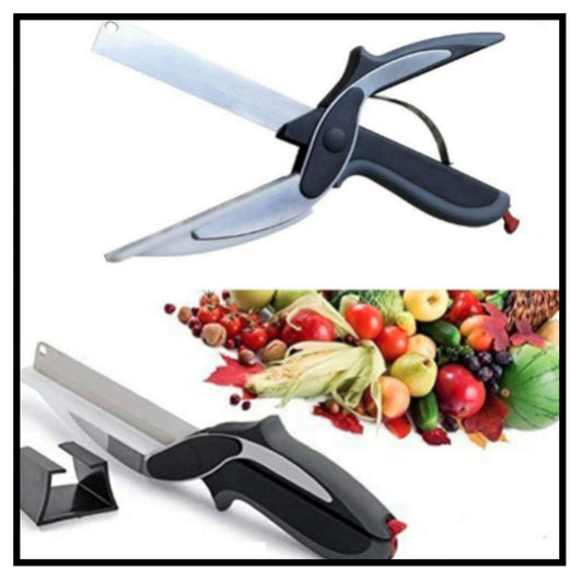 Black and silver 2 in 1 kitchen scissor cutter with metal blade and vegetable collage on white background