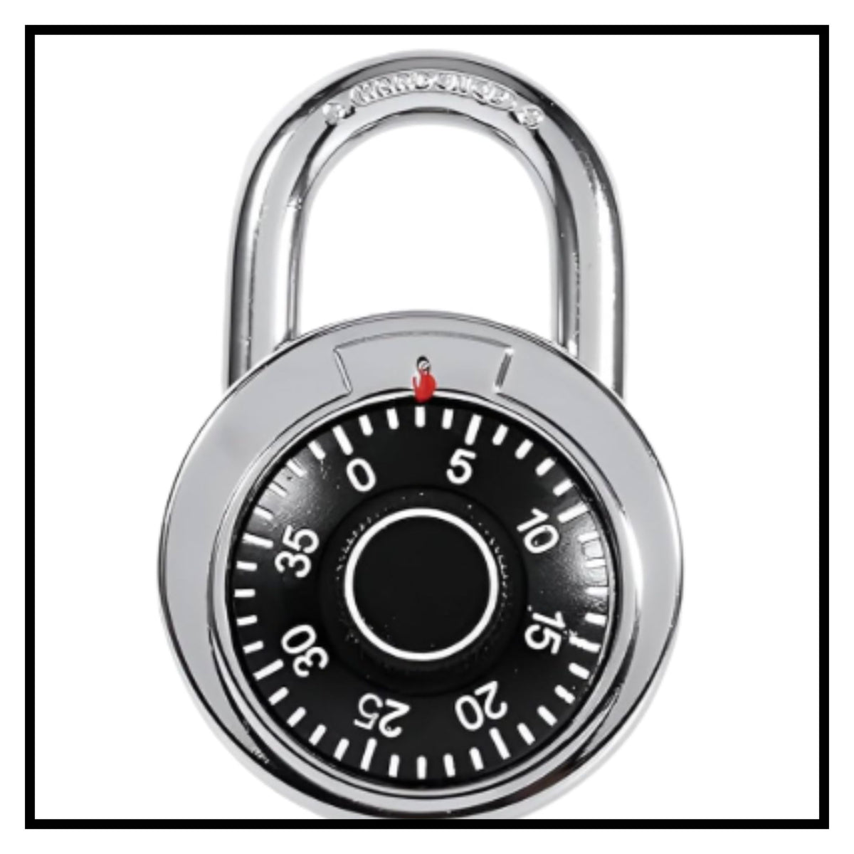 A silver dial combination coded padlock with a black dial face and white numbers on a white background with a thin black border