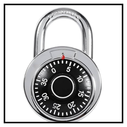 A silver dial combination coded padlock with a black dial face and white numbers on a white background with a thin black border