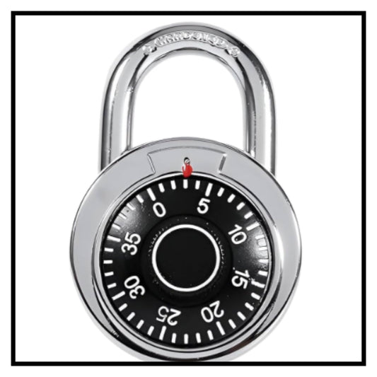 A silver dial combination coded padlock with a black dial face and white numbers on a white background with a thin black border