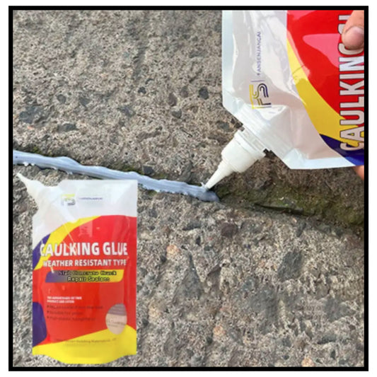 Caulking glue being applied with squeeze tube onto concrete crack weather resistant