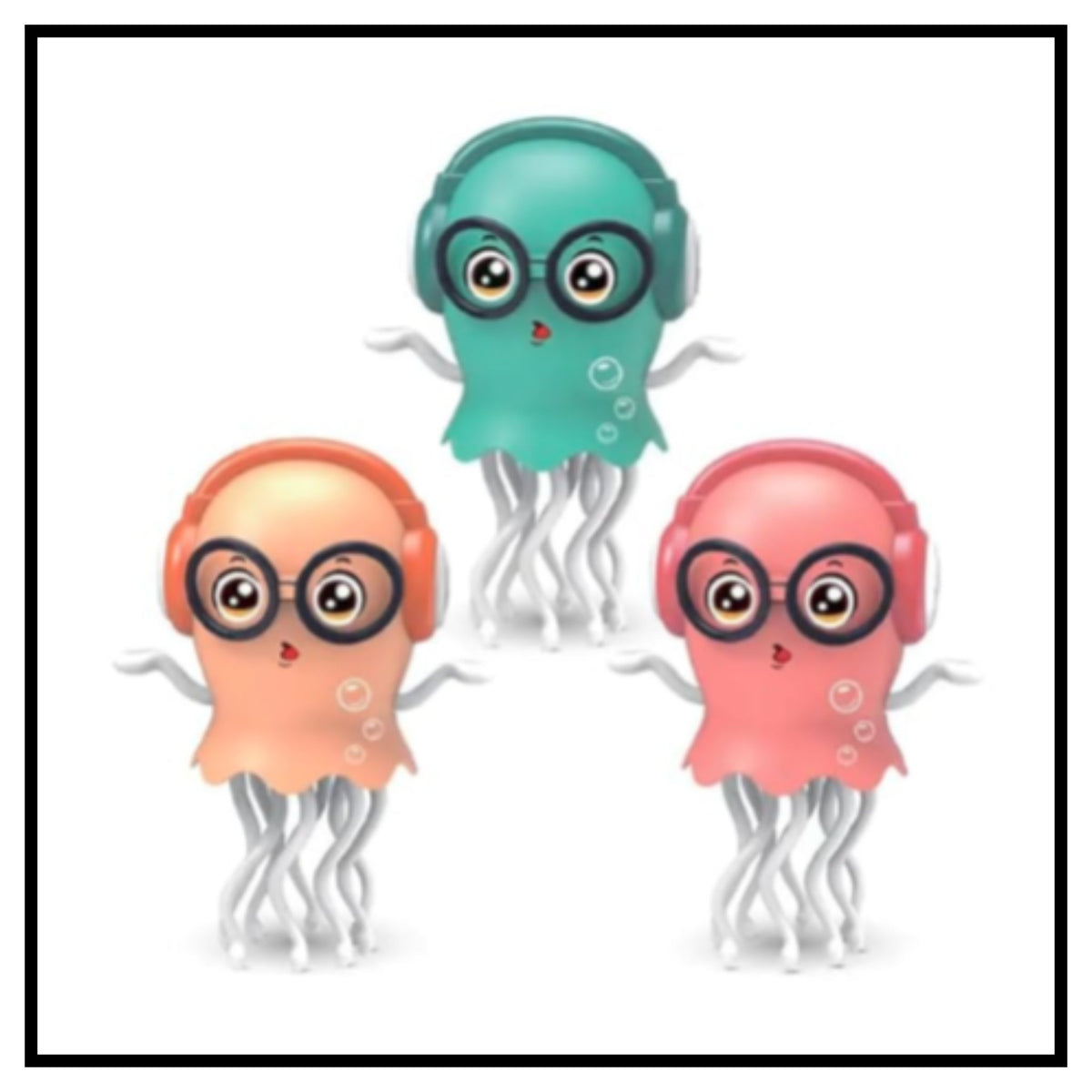 Three colorful cartoon dancing jellyfish toys with glasses and headphones in green orange and red colors on white background