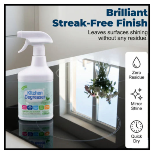 Kitchen degreaser spray bottle with brilliant streak-free finish text showing clean kitchen window and countertop with zero residue mirror shine quick dry features