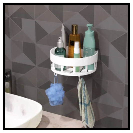 Diamond shape plastic bathroom corner shelf organizer wall mounted with hooks white