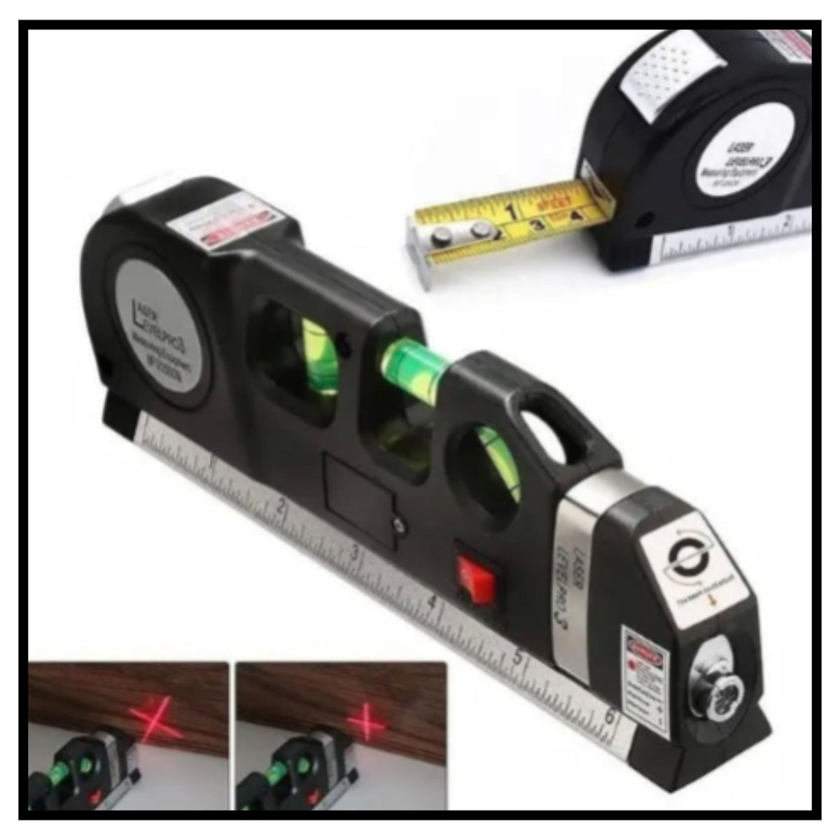 Black digital distance laser line measuring tape with built-in level vials, laser pointer, and retractable tape measure shown with inset images demonstrating red cross laser lines on wall