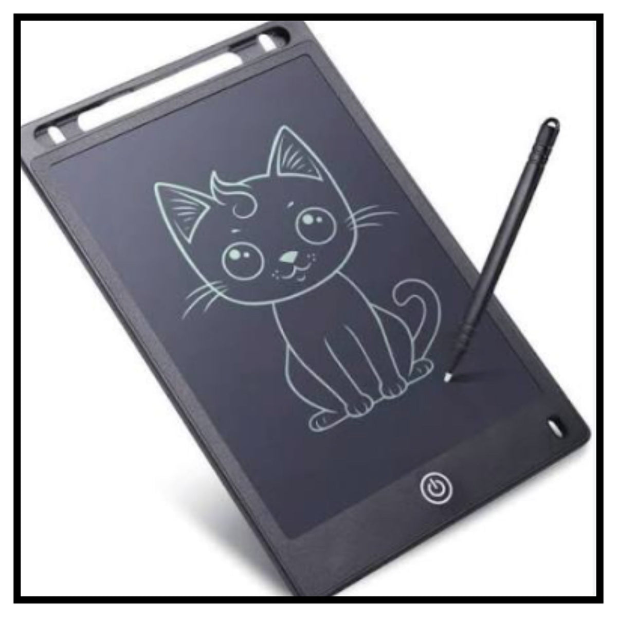 Black 8.5 inch rewritable LCD digital writing tablet with stylus pen showing cute cat drawing on screen