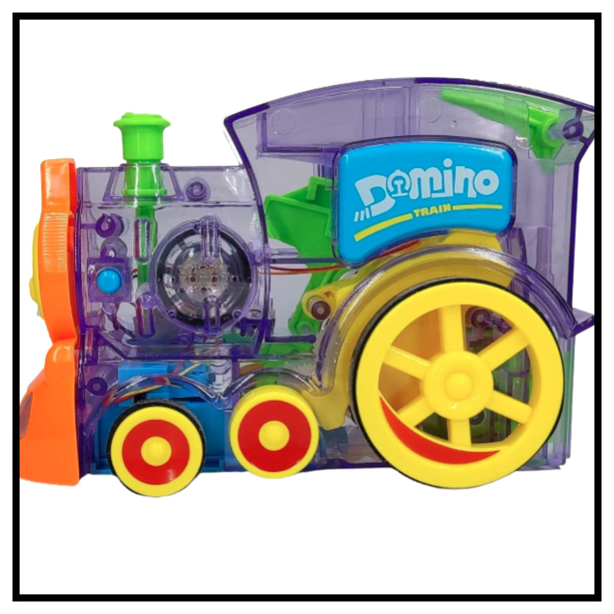 Transparent purple plastic domino train toy with yellow wheels, red and yellow accents, and blue Domino Train logo on side, shown on white background