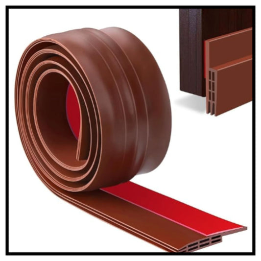Brown silicone door bottom sealing strip roll with strong adhesive backing shown with installation view on white background