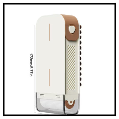 Handheld double-sided cleaning brush in off-white and brown color with transparent storage cover and bristle sides shown on white background with 172mm size marking