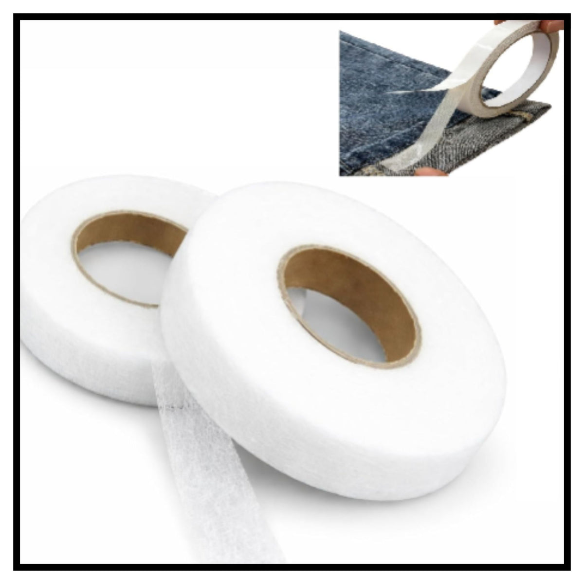 Two rolls of white double sided fabric tape with a closeup inset showing the tape being applied to a dark fabric edge for hemming
