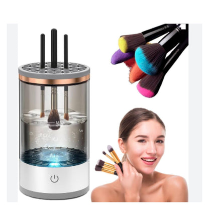 Electric makeup brush cleaner machine with transparent water chamber and copper rim cleaning colorful makeup brushes with woman holding brushes - RS HomeTech
