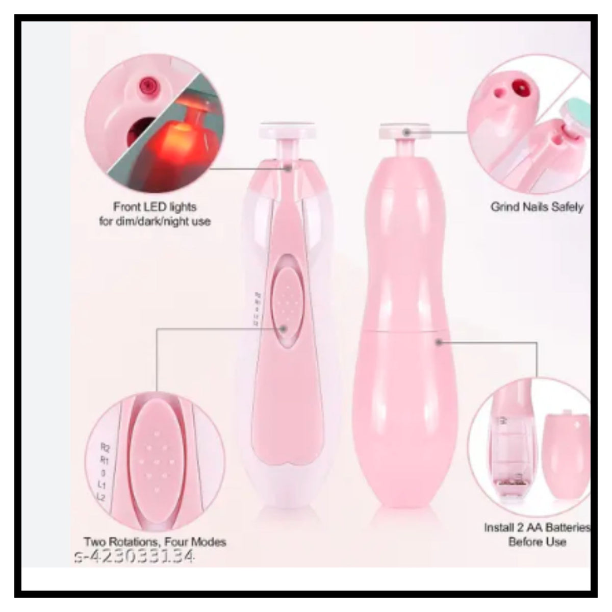 Pink electric baby nail clipper with front LED light feature showing safe grinding for babies with two rotations and four modes diagram