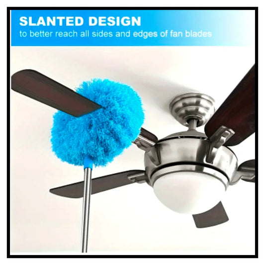 Blue microfiber fan cleaner brush with long telescopic rod cleaning ceiling fan blade showing slanted design to reach all sides and edges