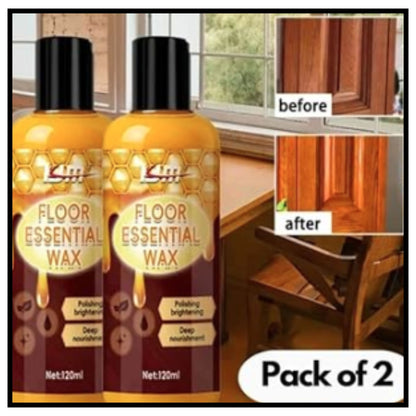 Two bottles of Slim Floor Essential Wax in a pack of 2 shown alongside a before and after comparison of a wooden cabinet's finish