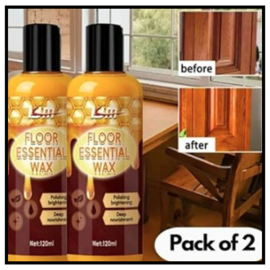 Two bottles of Slim Floor Essential Wax in a pack of 2 shown alongside a before and after comparison of a wooden cabinet's finish