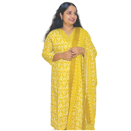 Woman Modeling Mehndi Yellow Cotton Printed Kurta Set With White Geometric Pattern And Matching Yellow Dupatta - XL Size - S.NO 414137