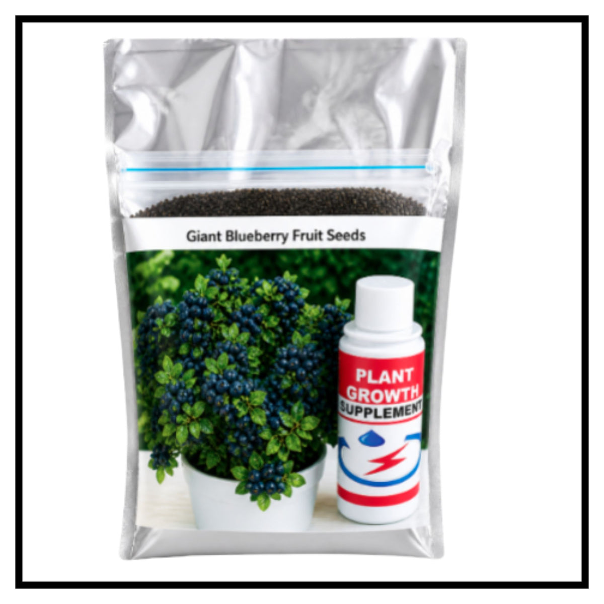 Giant blueberry fruit seeds pack in silver zip pouch with blueberry plant image and plant growth supplement bottle