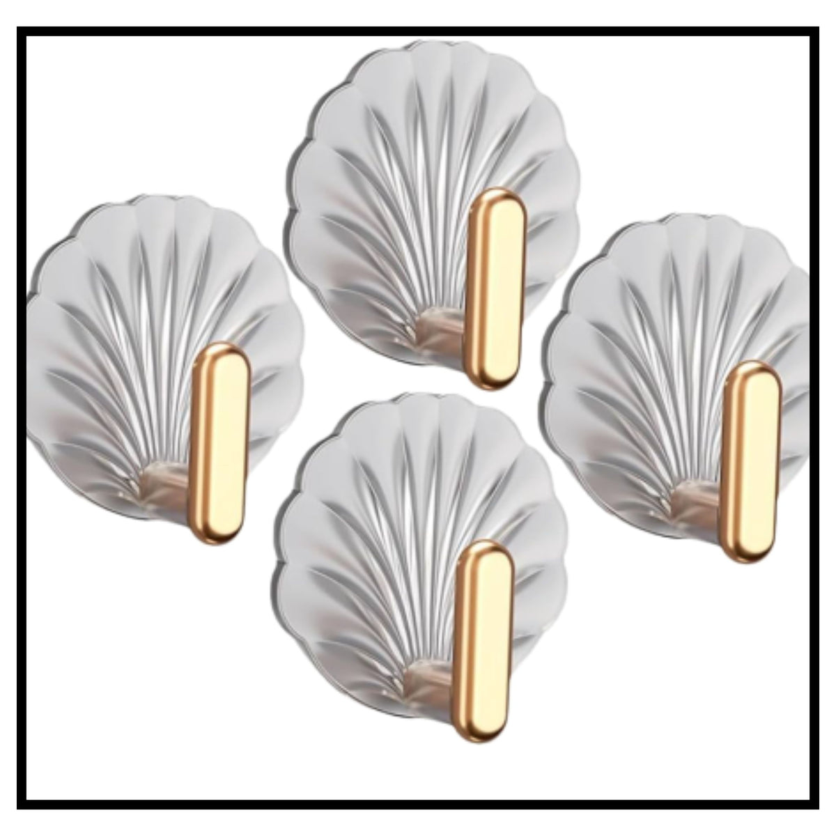 Four elegant seashell shaped wall hooks in light gray with gold hooks displayed on white background for keys and accessories