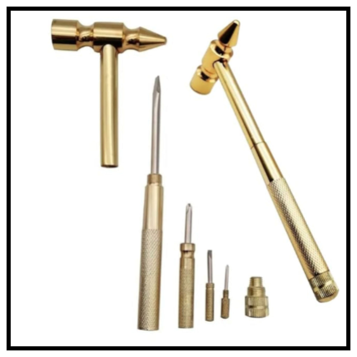 Gold colour multi-functional small metal hammer with hidden screwdriver bits set displayed on white background with black border