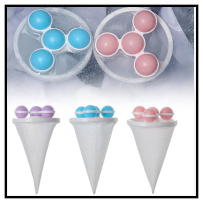 Floating pet fur lint hair catcher laundry mesh bags with blue and pink balls shown inside washing machine filter and three cone-shaped mesh pouches on white background
