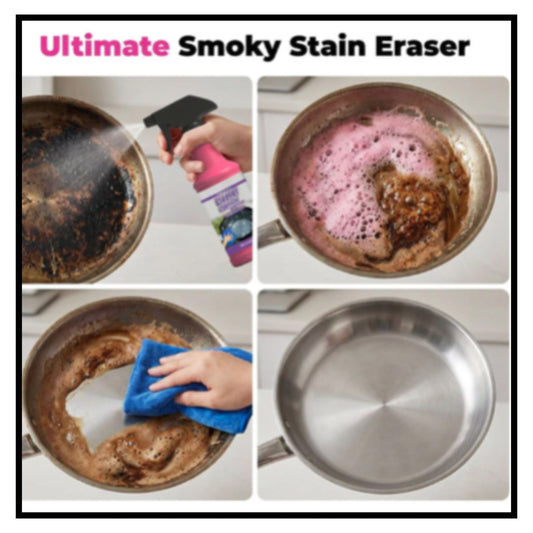 Four panel collage showing smoky stain eraser spray cleaning dirty pan from burnt grease to shiny clean