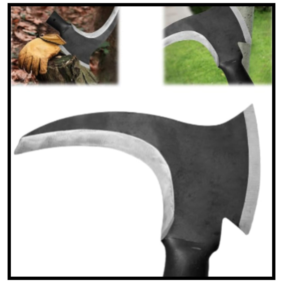 High manganese steel double scythe sharp blade tool shown with closeup insets of the blade cutting grass and being used with gloves