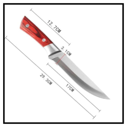 Japanese chef kitchen knife with red marbled handle and sharp steel blade with measurements 29.3cm total