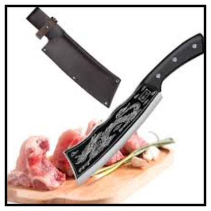 Black dragon engraved kitchen cleaver knife with black sheath cutting raw meat on wooden board