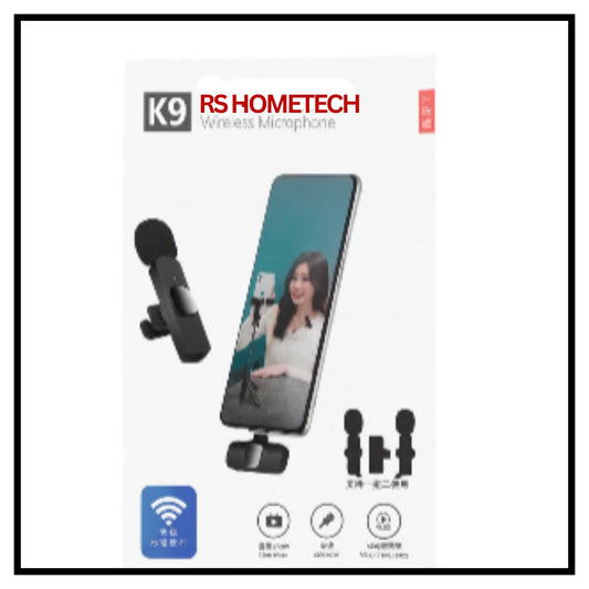 K9 wireless microphone set with transmitter, receiver, and phone clip shown with vlogging setup on white background