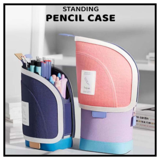 Two fabric standing pencil cases shown on white desk background, one case is dark navy blue and filled with pens, and the other is pastel pink, lavender, and light blue