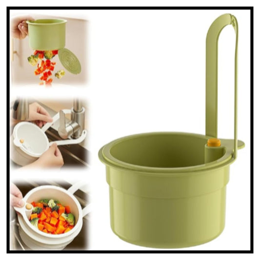 Green plastic vegetable strainer and sink drain basket with handle showing food waste catching and faucet cleaning use