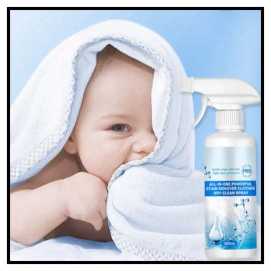 Baby wrapped in white towel peeking from behind white spray bottle as dry clean cleaning spray against light blue background