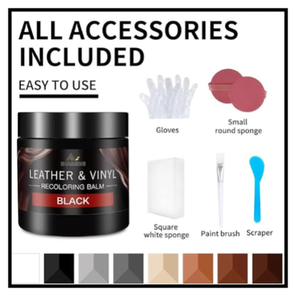 Leather and vinyl recoloring balm black jar with accessories gloves sponge brush scraper color swatches