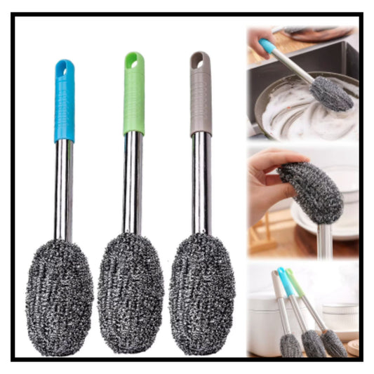 Three long handle stainless steel wire dish scrub brushes with blue green and gray handles and steel wool scrub heads shown cleaning dishes