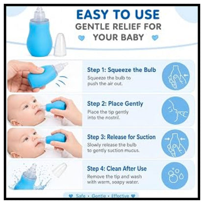 An instructional graphic for a baby nasal aspirator showing four steps with photos of a hand using the blue bulb syringe and a baby receiving relief