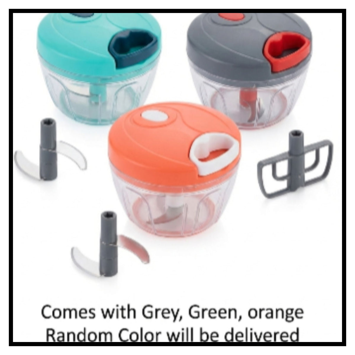 Three small manual food choppers in teal green gray and orange colors with stainless steel blades on white background