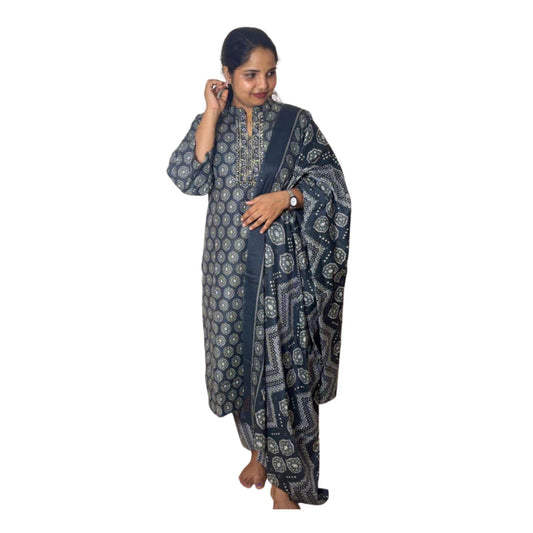 Woman Modeling Dark Olive Green Cotton Printed Kurta Set With Matching Dupatta - 4XL Size - S.NO 410305