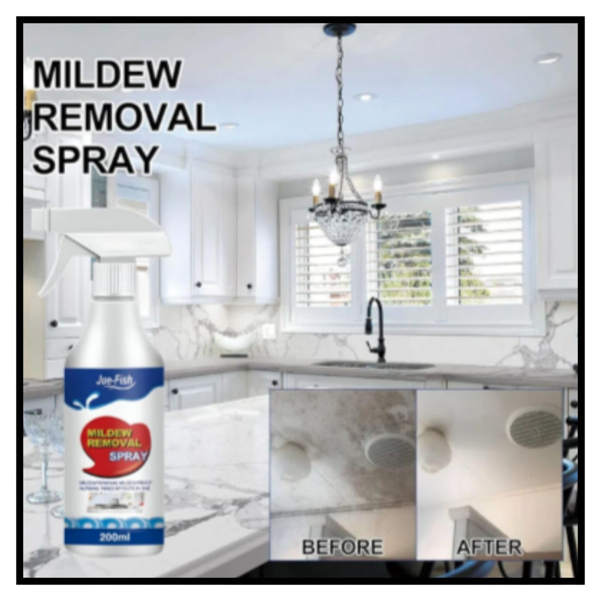 A bottle of Jim Fish Mildew Removal Spray shown in front of a kitchen background with large text reading MILDEW REMOVAL SPRAY and before after bathroom tile cleaning result photos at the bottom
