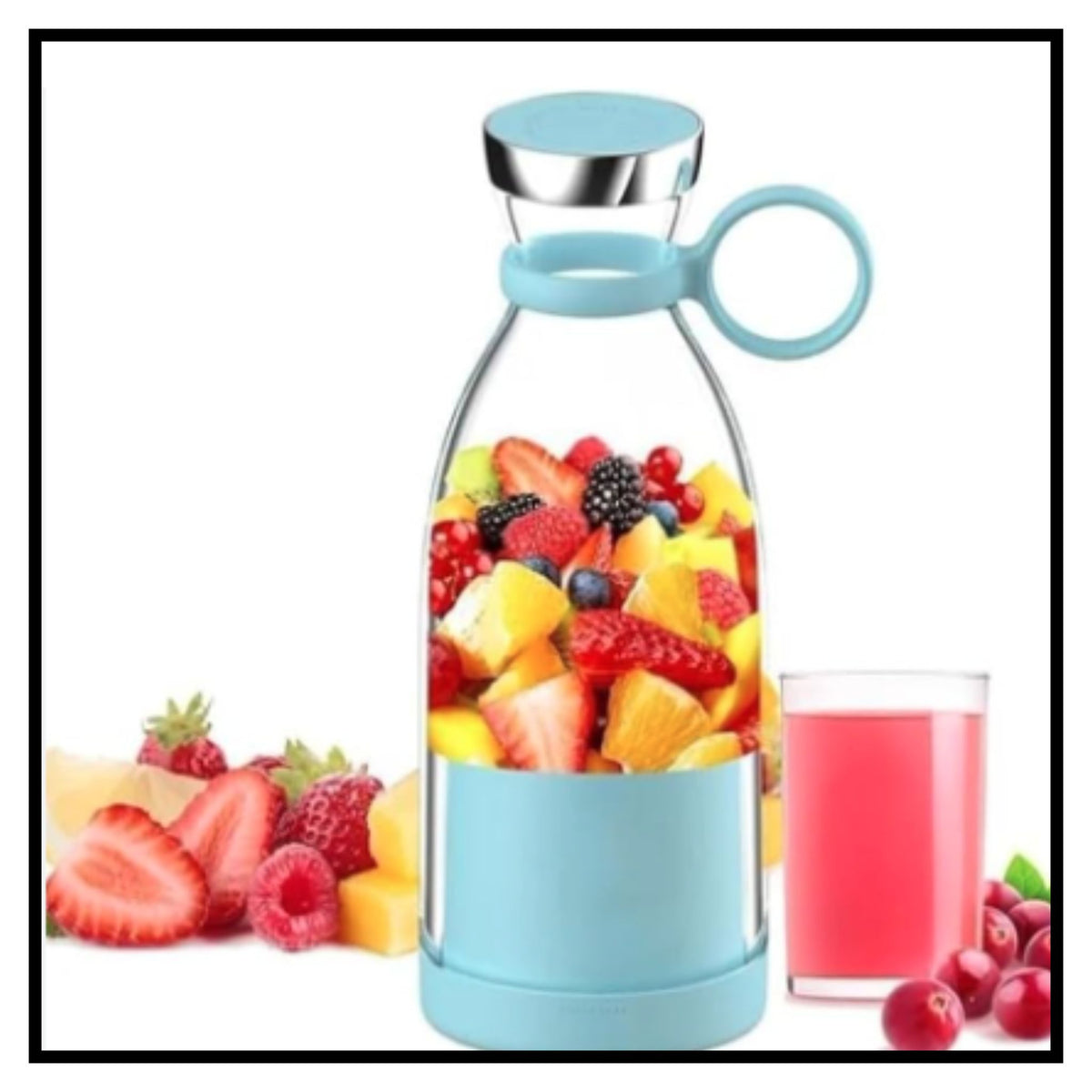 Clear glass juice bottle with light blue lid filled with mixed fruit on white background