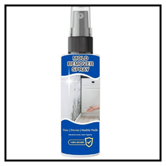 A bottle of mold remover spray with a blue and white label featuring a black spray nozzle and clear cap set against a plain white background with a thin black border