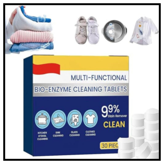 Multi-functional bio-enzyme cleaning tablets box with 99% clean label surrounded by folded clothes shoes metal bowl and white shirt on white background