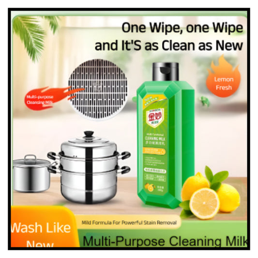 Lemon fresh multi-purpose cleaning milk liquid bottle with stainless steel pots and lemons showing one wipe clean as new claim
