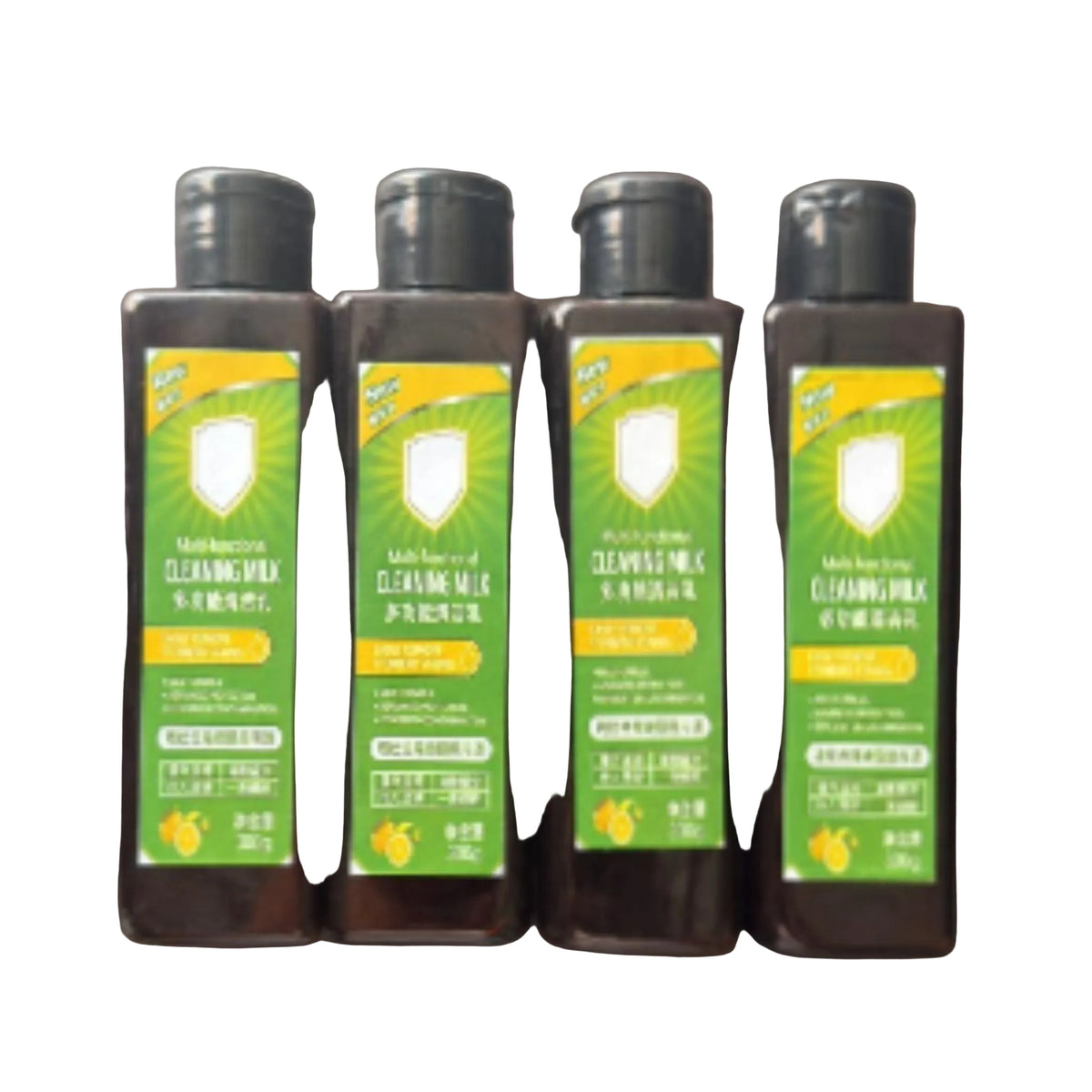 Lemon fresh multi-purpose cleaning milk liquid bottle with stainless steel pots and lemons showing one wipe clean as new claim