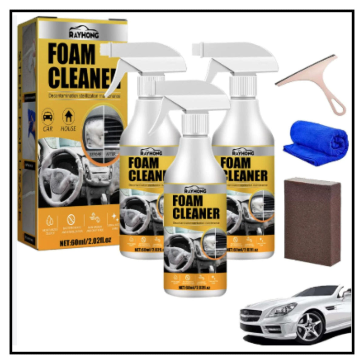 Multi purpose foam cleaner for car interior and home surfaces