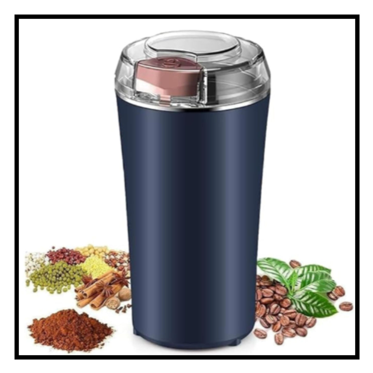 Blue portable electric coffee grinder with transparent lid surrounded by coffee beans spices and masala on white background