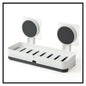 White and dark gray wall-mounted soap dish with two suction cups on plain white background