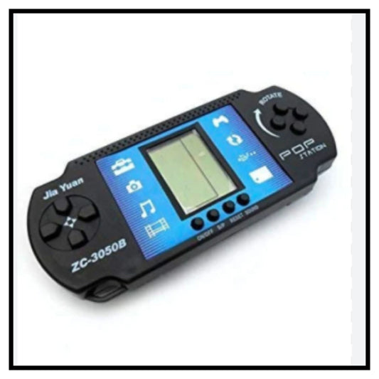 Black and blue handheld Pop Station brick game controller with LCD screen, directional pad and buttons, labeled ZC-3050B on white background