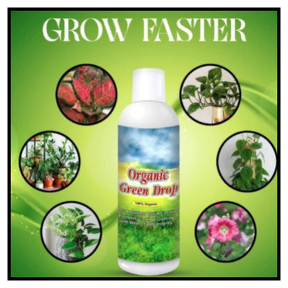 Organic Green Drop liquid fertilizer bottle with grow faster text and images of healthy plants flowers and vegetables around it on green background